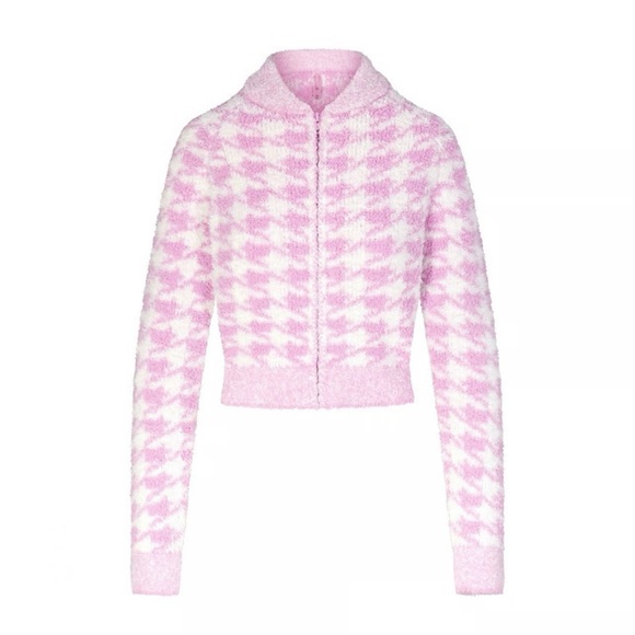 SKIMS Sweaters - SKIMS Cozy Sweater Zip Up Petal Houndstooth‎ Pink Sz S/M
